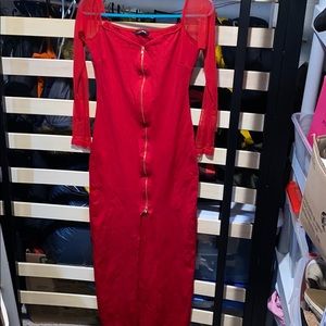 Fashion Nova red mesh sleeve elegant zipper dress
